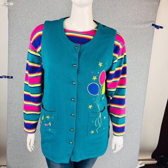 VTG Kathy White Sport Womans 1X Cardigan Shirt Music Stripes Ballon Teal Teacher - Picture 10 of 12